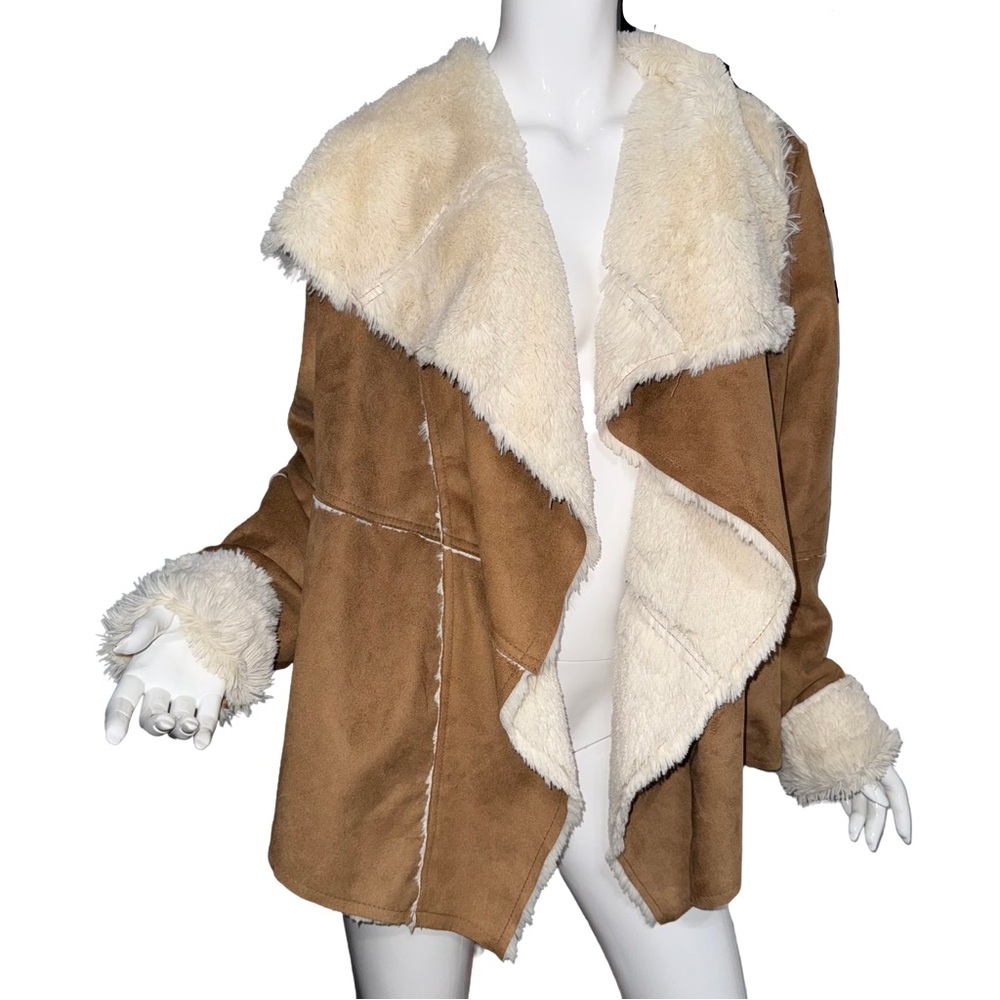 Me Jane Tan Cream Faux Shearling Lined Vegan Suede Jacket Penny Lane Y2K